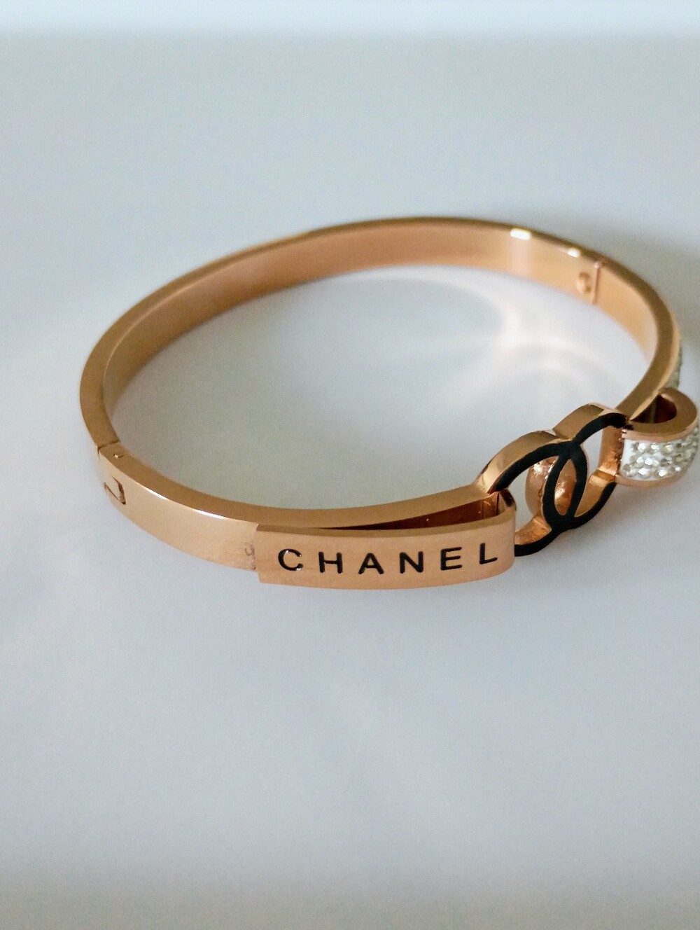 New Rose Gold Tone Crystal Logo Bangle Bracelet - Black Accents - Picture 4 of 8
